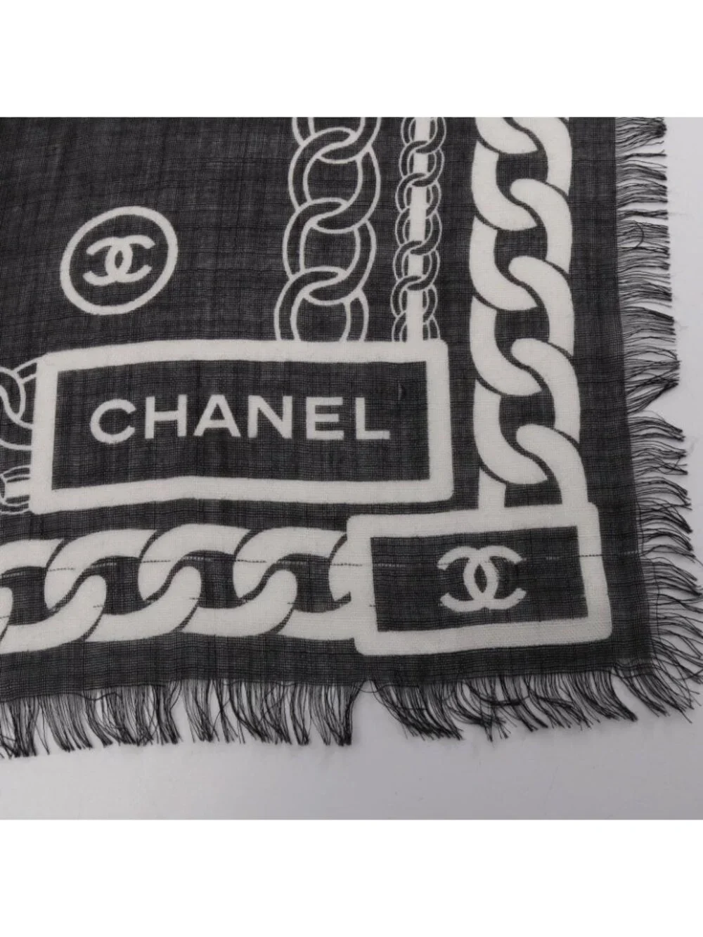 Chanel Shawl CC Logo Black Silk Scarf